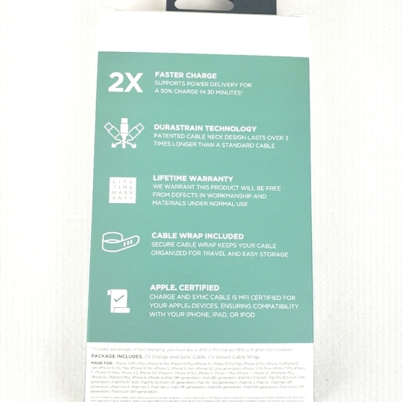 NWB iHome Green Durastrain Lightning 6ft Charging Cable to USB Type C - Picture 2 of 5